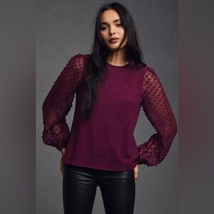 Anthropologie Maeve Textured Sleeve Top in Wine